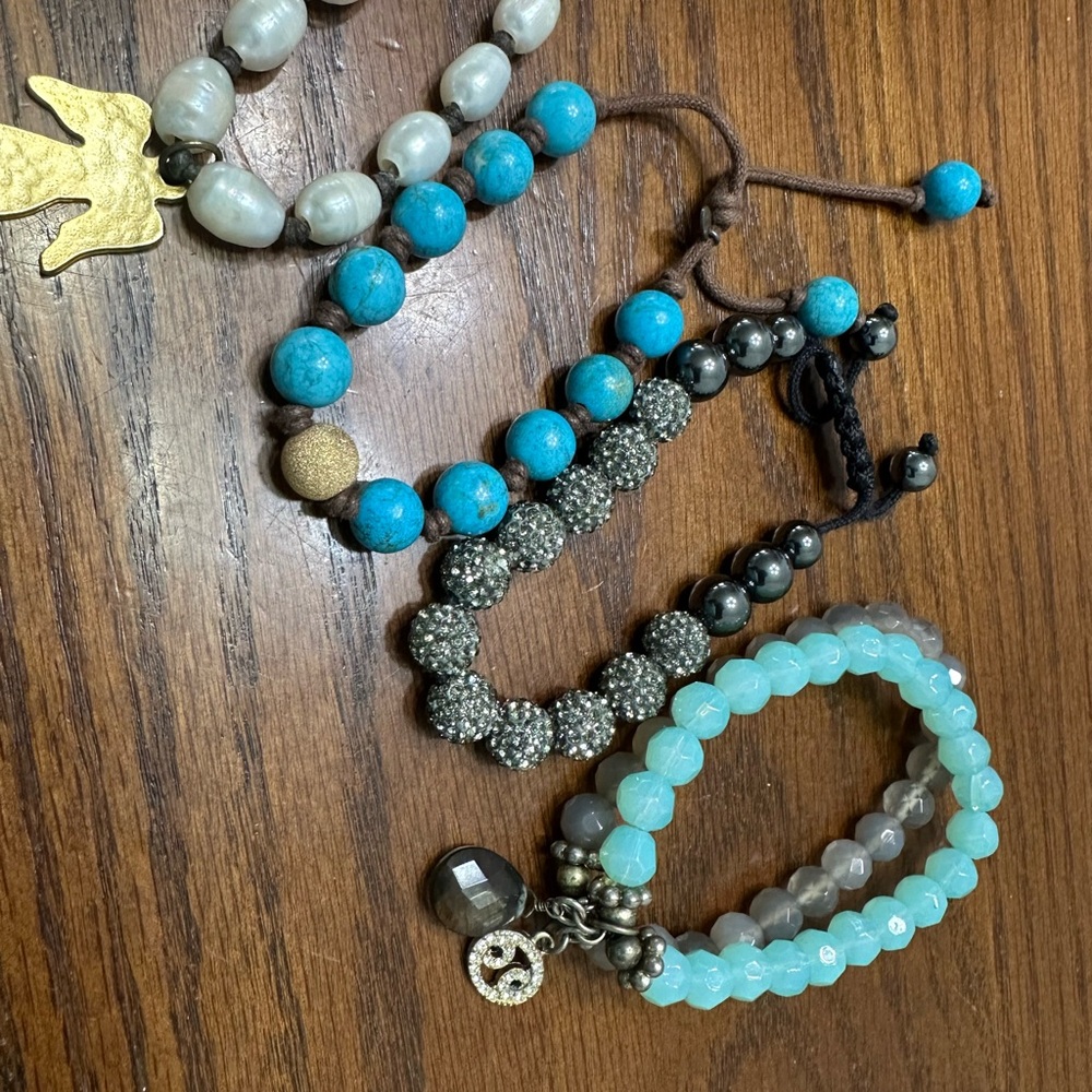 Turquoise, Pearl and Silver Beaded Bracelet Set